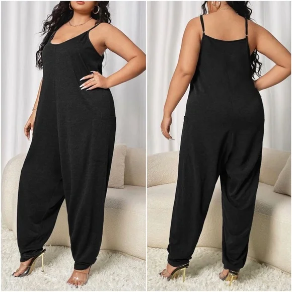Plus Boho Black Loose Fit pockets Cami Jumpsuit - Picture 2 of 7